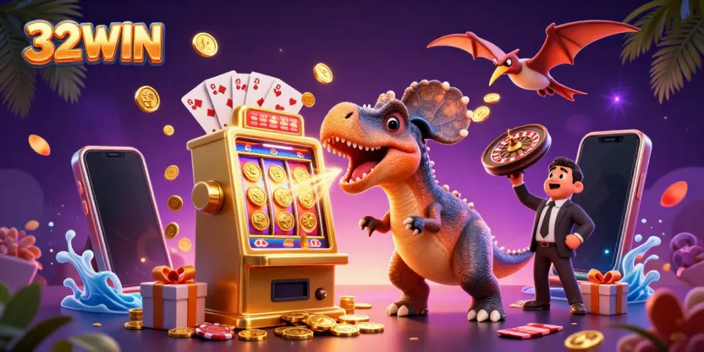 Experience the dynamic excitement of 32WIN with cartoon characters amidst a flurry of jackpot coins and gaming elements.