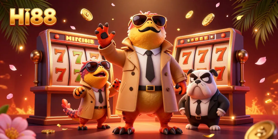 HI88 raptors in a trench coat entering a casino, surrounded by slot machines and confetti.