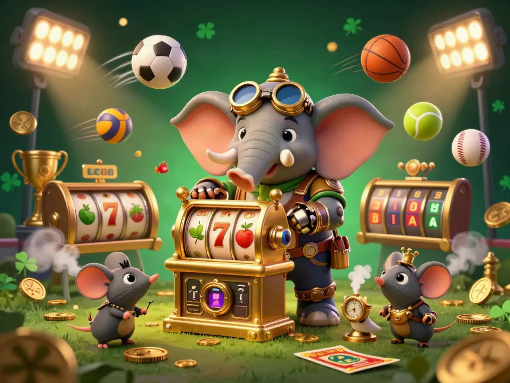 Engage with LC88 in this vibrant 3D steampunk casino scene featuring slot machines and dynamic sports elements.