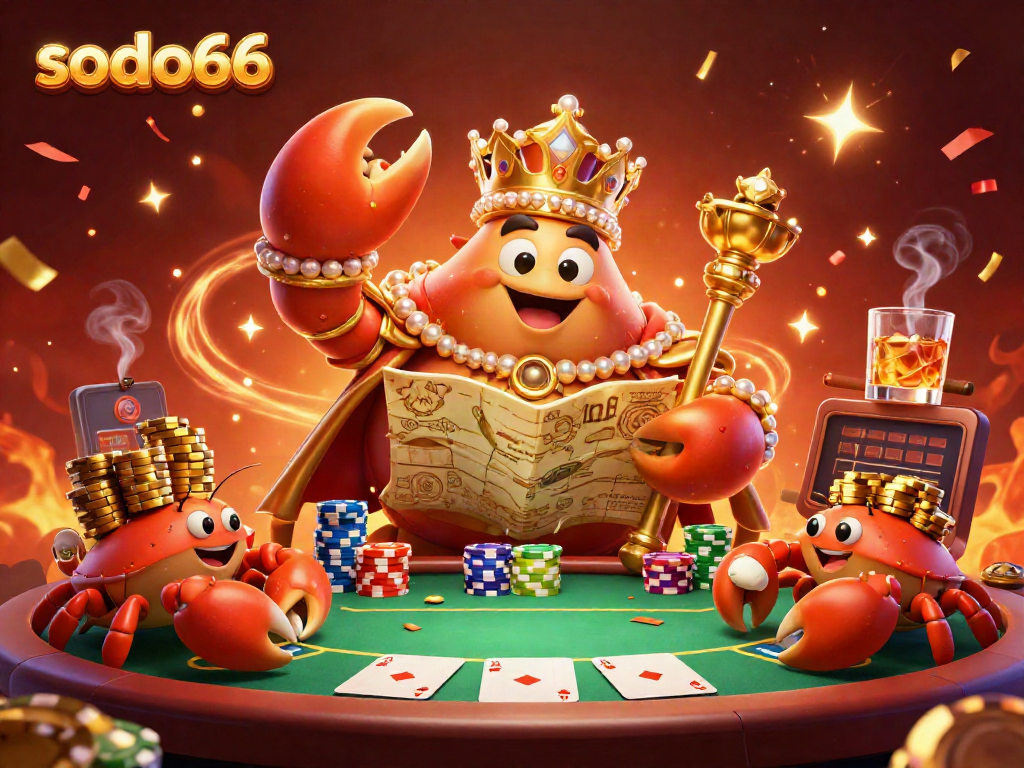Sodo66 captivates players in a casino scene with a golden crab emperor and poker excitement.