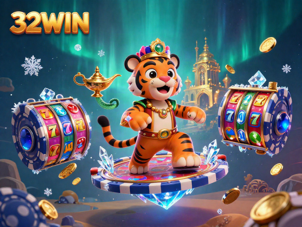 Experience the excitement of 32WIN with the animated tiger sultan and dynamic slot gaming elements.