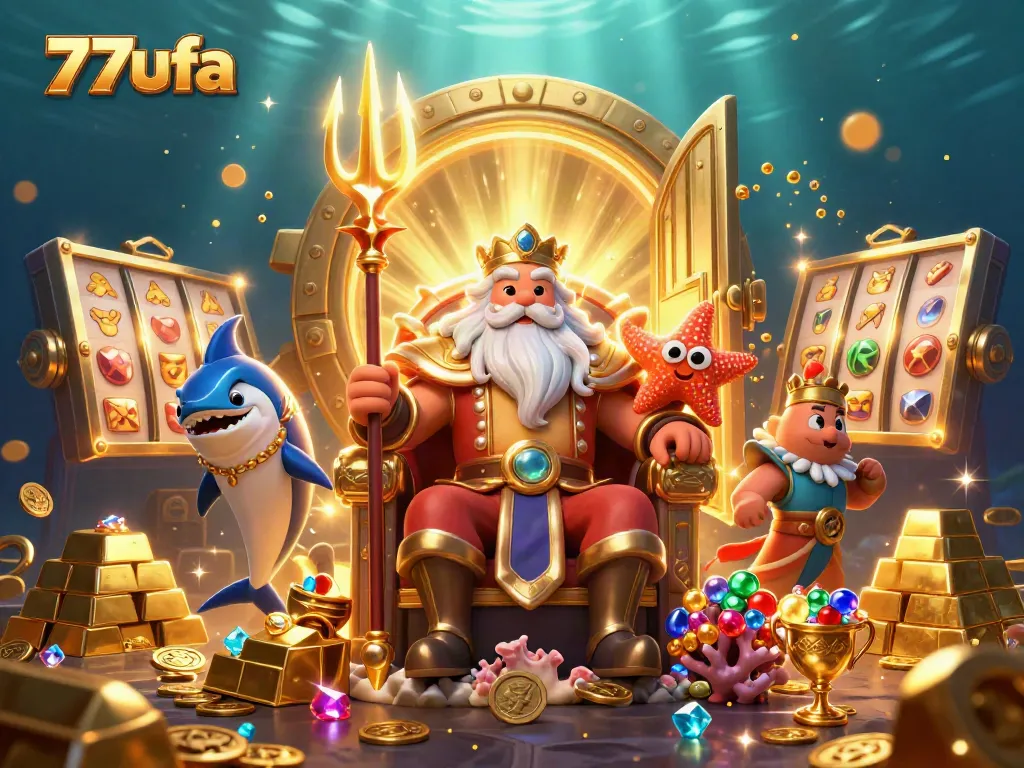 Engage in dynamic gaming with 77ufa, featuring thrilling slots and a treasure-laden backdrop.