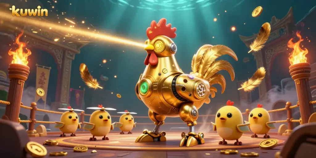 Kuwin's golden rooster robot leads a dynamic scene filled with gaming excitement and treasures.