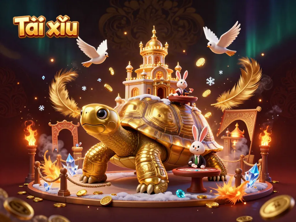 Tài xỉu gaming scene with a golden tortoise casino, rabbit dealer, and flying coins.
