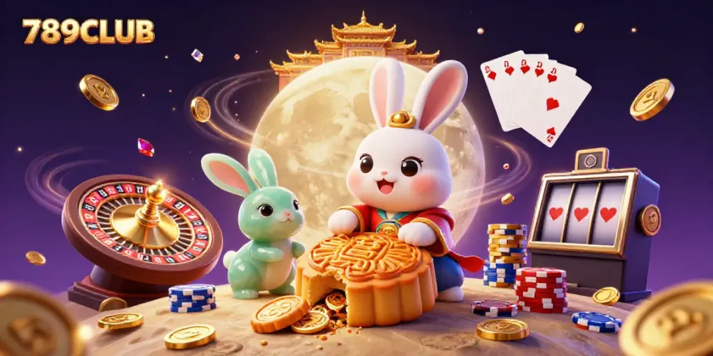 Engage with thrilling gameplay at 789CLUB, featuring a moon rabbit in a casino-themed illustration.