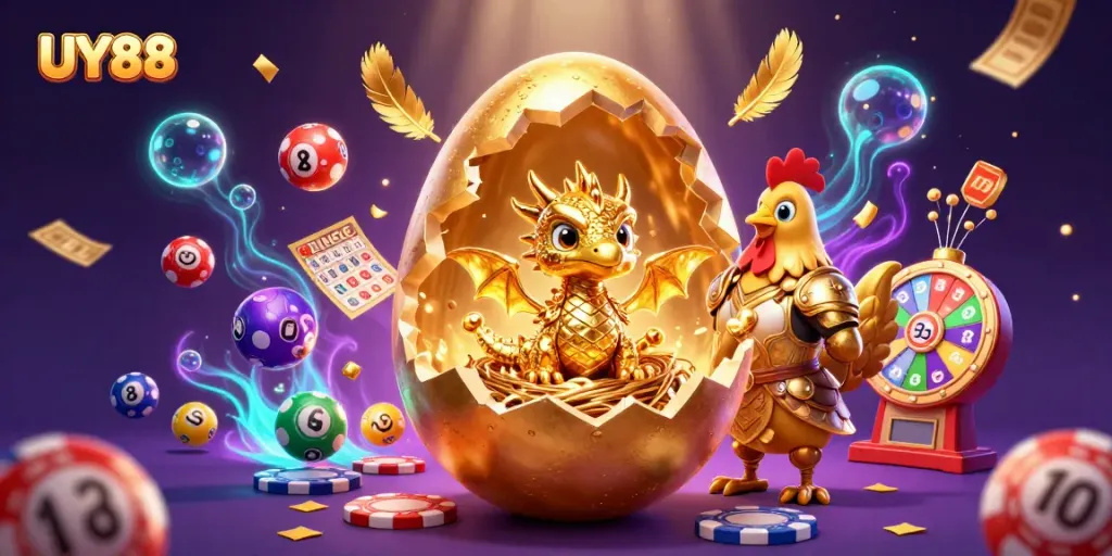 Experience UY88 with a vibrant scene of a golden dragon amidst poker chips and lottery elements