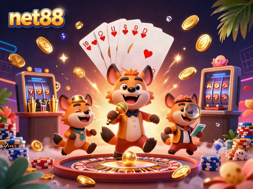 Experience the vibrant comedy casino scene at net88 with hyena characters, sparkling gems, and gaming action.