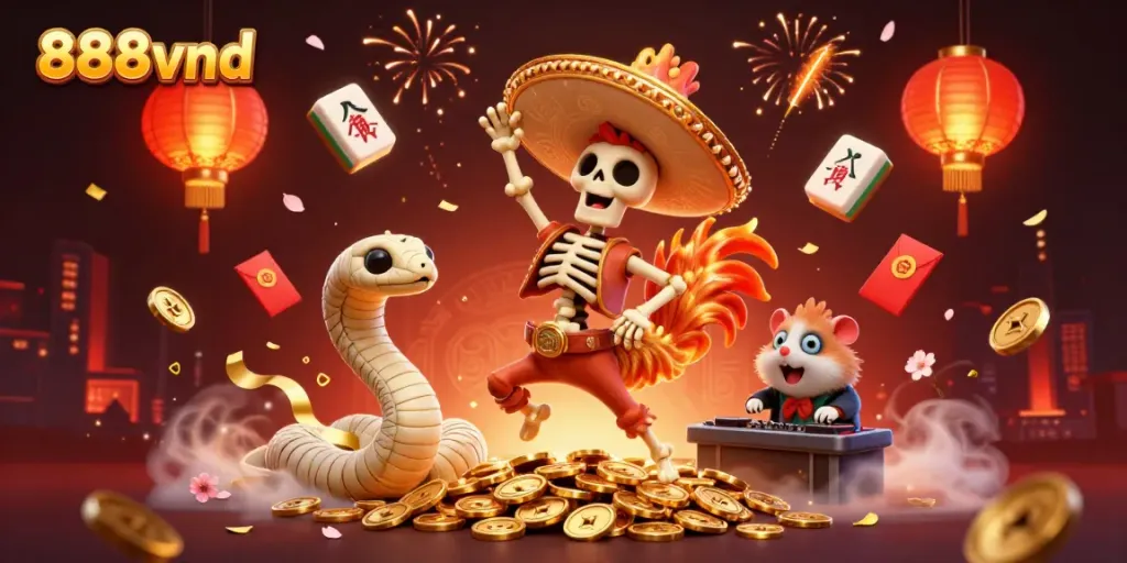 Celebrate your wins with vibrant gaming energy at 888vnd's dazzling 3D casino scene.
