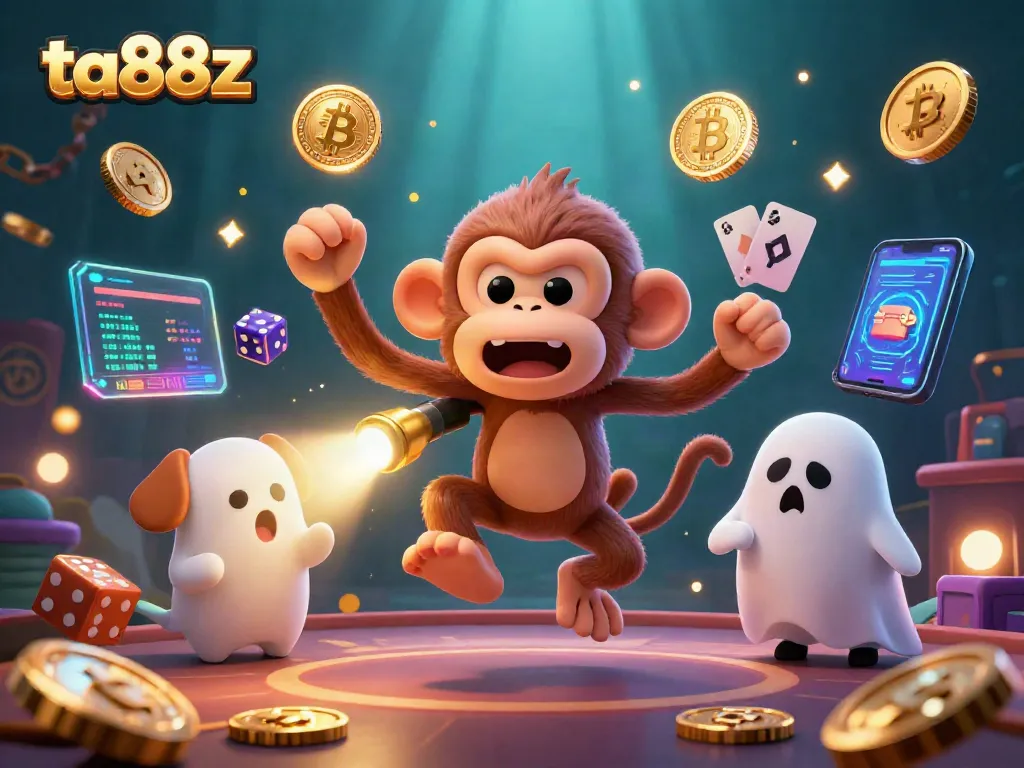 Engage with ta88z's vibrant casino world as poltergeist monkey and ghost puppy explore a haunted space.