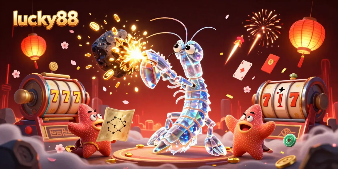Experience exciting wins at lucky88 with a 3D scene of a mantis shrimp and starfish in a vibrant casino atmosphere filled with colorful elements.