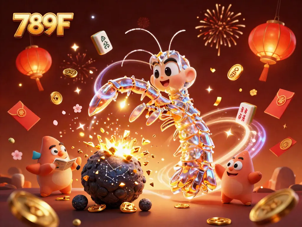 Experience the excitement of 789F with a 3D galactic samurai mantis shrimp celebrating amidst gold coins and festive elements.