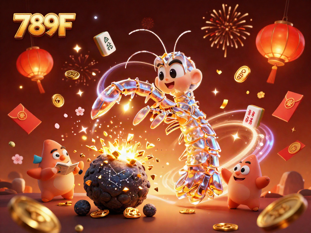 Experience the excitement of 789F with a 3D galactic samurai mantis shrimp celebrating amidst gold coins and festive elements.