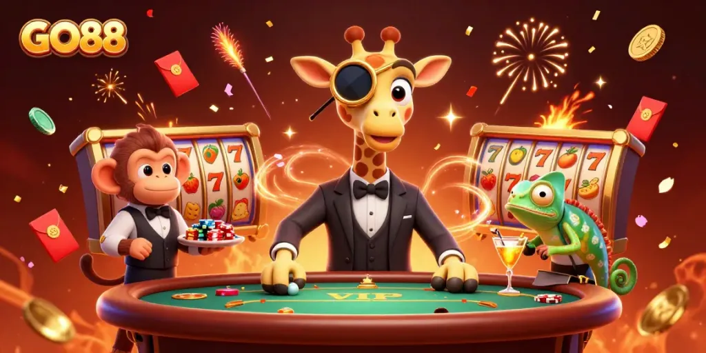 Experience exciting gaming adventures with GO88 as the giraffe, monkey, and chameleon celebrate at the casino.