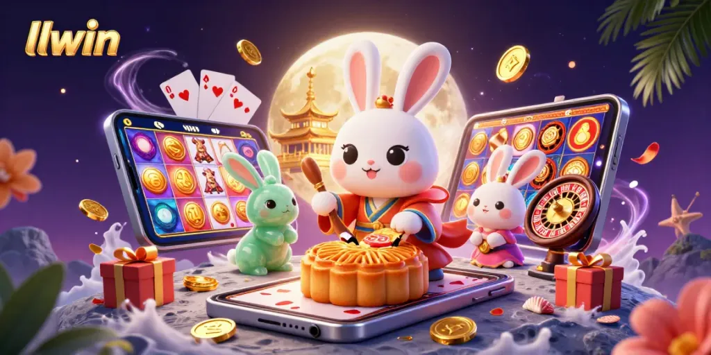 Experience excitement with llwin as a moon rabbit pounds mooncakes revealing poker chips amidst vibrant casino elements.