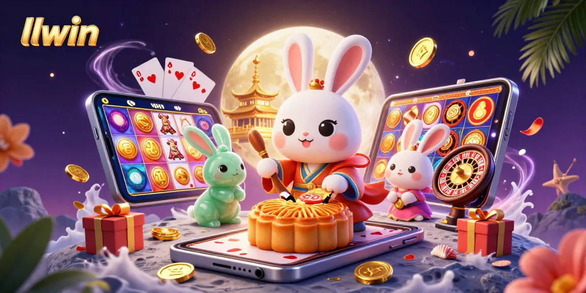 Experience excitement with llwin as a moon rabbit pounds mooncakes revealing poker chips amidst vibrant casino elements.