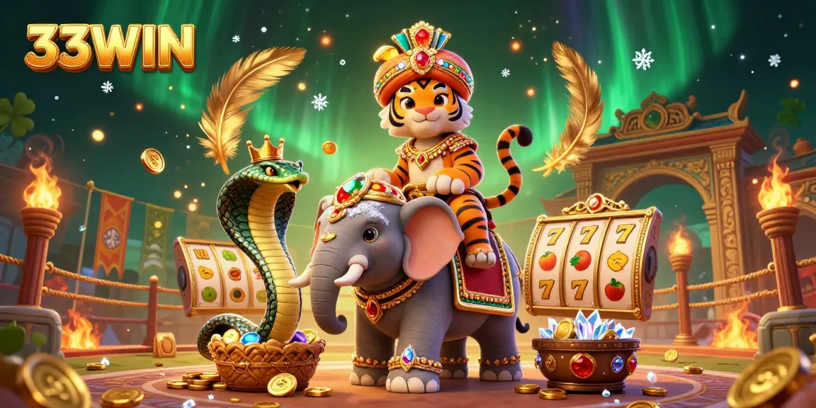 Engage with 33WIN through a vibrant 3D illustration showcasing a maharaja tiger and elephant in a dynamic casino scene.