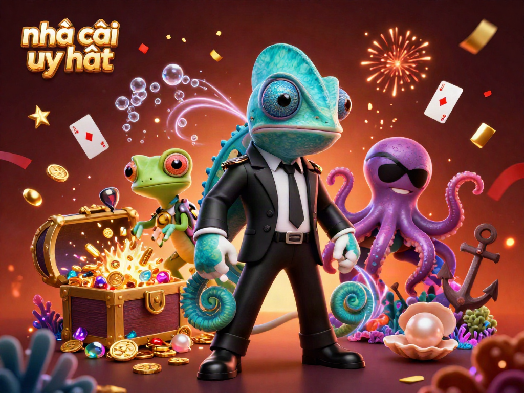 Experience vibrant action in a dynamic scene featuring Nhà cái uy tín with cartoon characters surrounded by casino-themed elements.