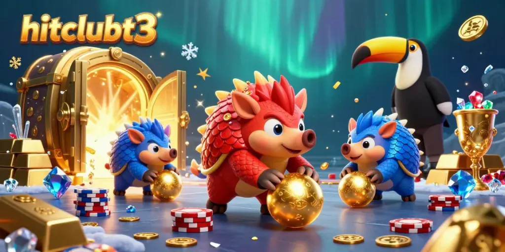 Hitclubt3 pangolins roll golden balls through poker chips in this exciting casino scene.