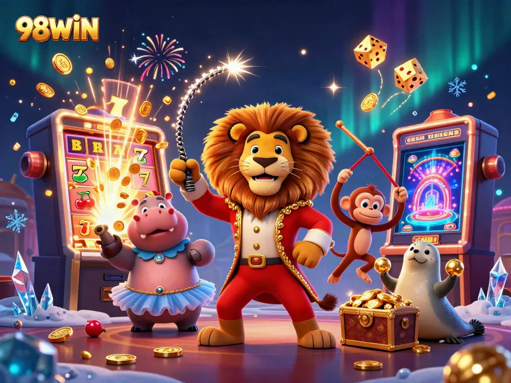 Experience the excitement of 98WIN with colorful casino characters and dynamic jackpot visuals.