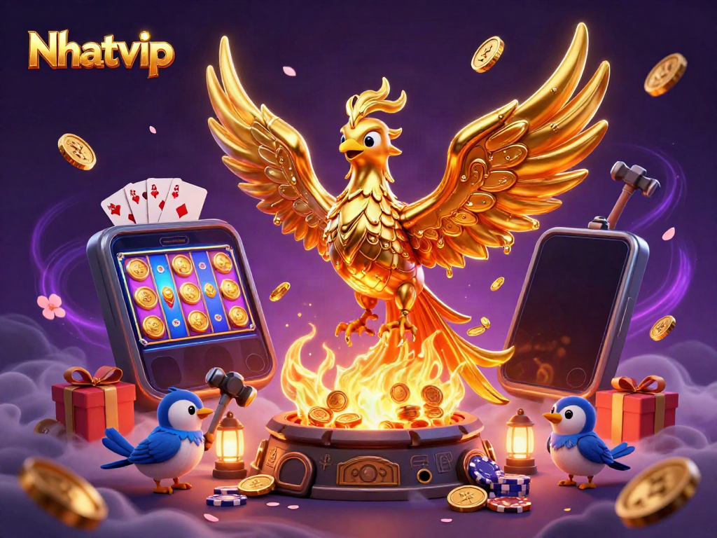 Experience the thrilling Nhatvip gambling universe with a vibrant phoenix and dynamic gaming elements.