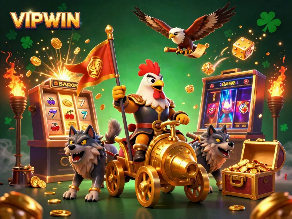 Experience the excitement of VIPWIN with a dynamic scene of a rooster warlord and treasure-filled slots.