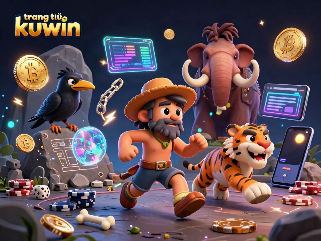Engage at trang chủ kuwin with a vibrant casino scene featuring a prehistoric duo and digital gaming elements.