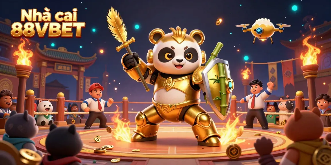 Engage with Nhà cái 88VBET in a vibrant 3D cartoon casino arena featuring a golden panda robot.