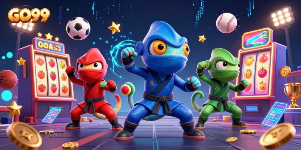 Engage with GO99 thrilling slot games featuring colorful chameleon characters and dynamic action.