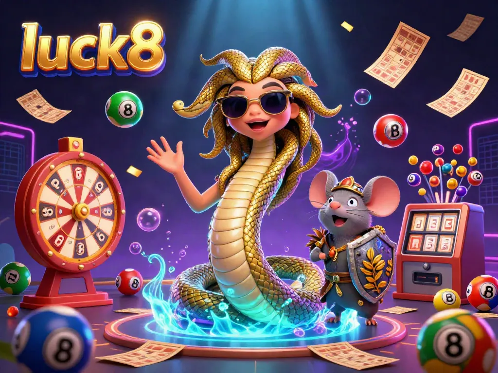 Experience thrilling gameplay with luck8 through vibrant lottery elements and friendly characters in an engaging casino setting.