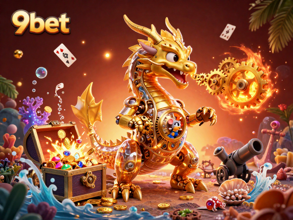 Experience the thrill of 9bet with the golden dragon breathing gears in a dynamic casino scene.