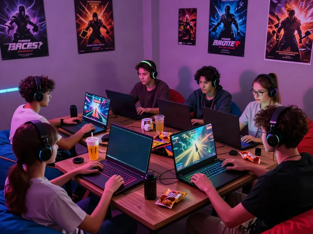 Friends enjoying the excitement of kilat 404 gaming night, immersive atmosphere, and vibrant gaming devices.