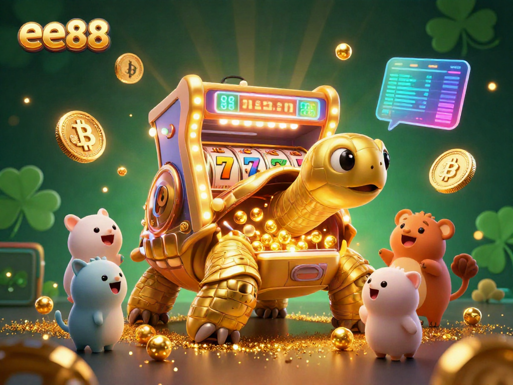 Engaging scene showcasing ee88 with a glowing turtle pinball machine, excited animals, and casino elements.