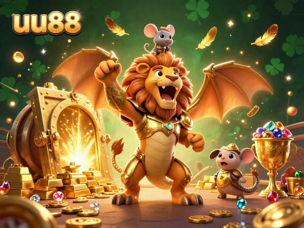 Experience the thrill of uu88 with a triumphant chimera creature in a golden treasure vault scene.