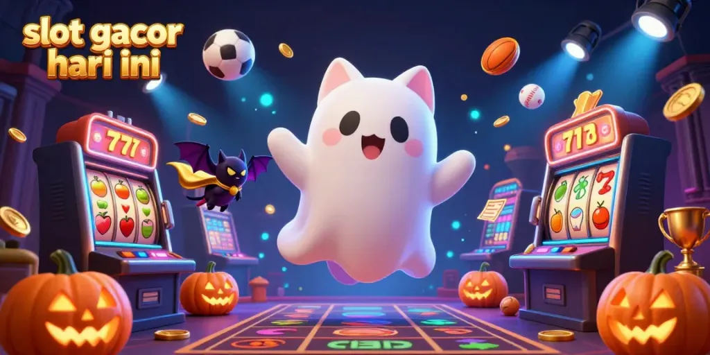 Engaging scene of the ghost cat and vampire bat celebrating in a haunted casino for slot gacor hari ini.