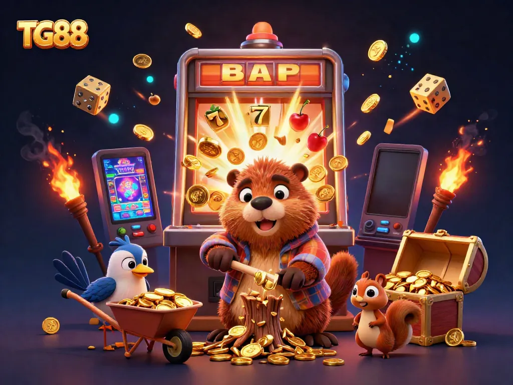Experience the thrill of winning with TG88 in this vibrant 3D casino scene filled with coins and jackpots.