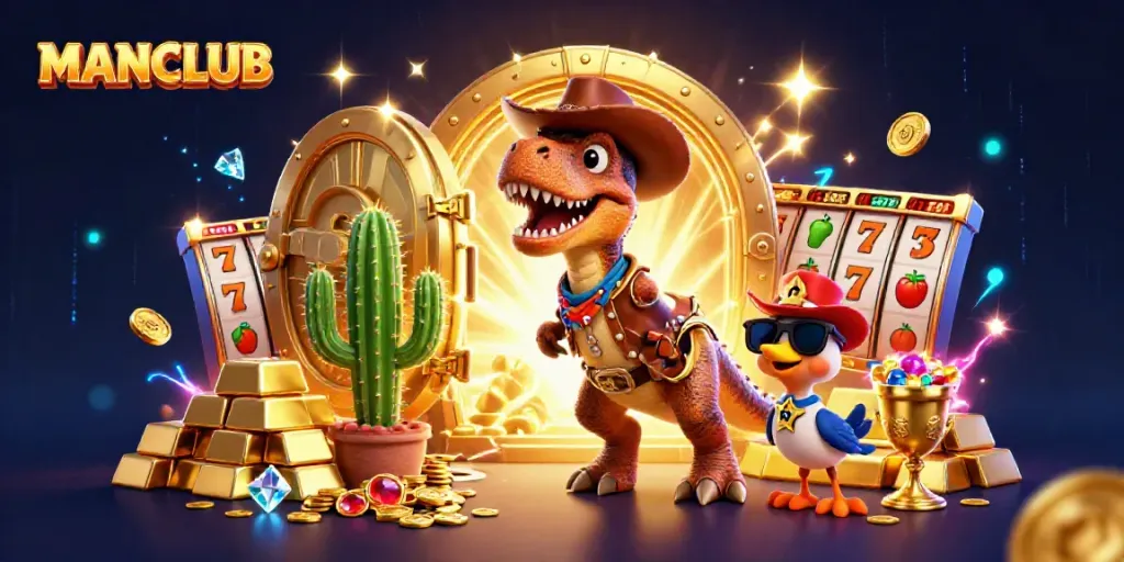 Engaging MANCLUB scene showcasing a T-Rex cowboy amidst vibrant casino elements and treasures.