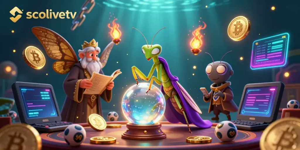 Experience the captivating world of socolivetv with detailed 3D graphics of mystical gambling characters and cryptocurrency elements.