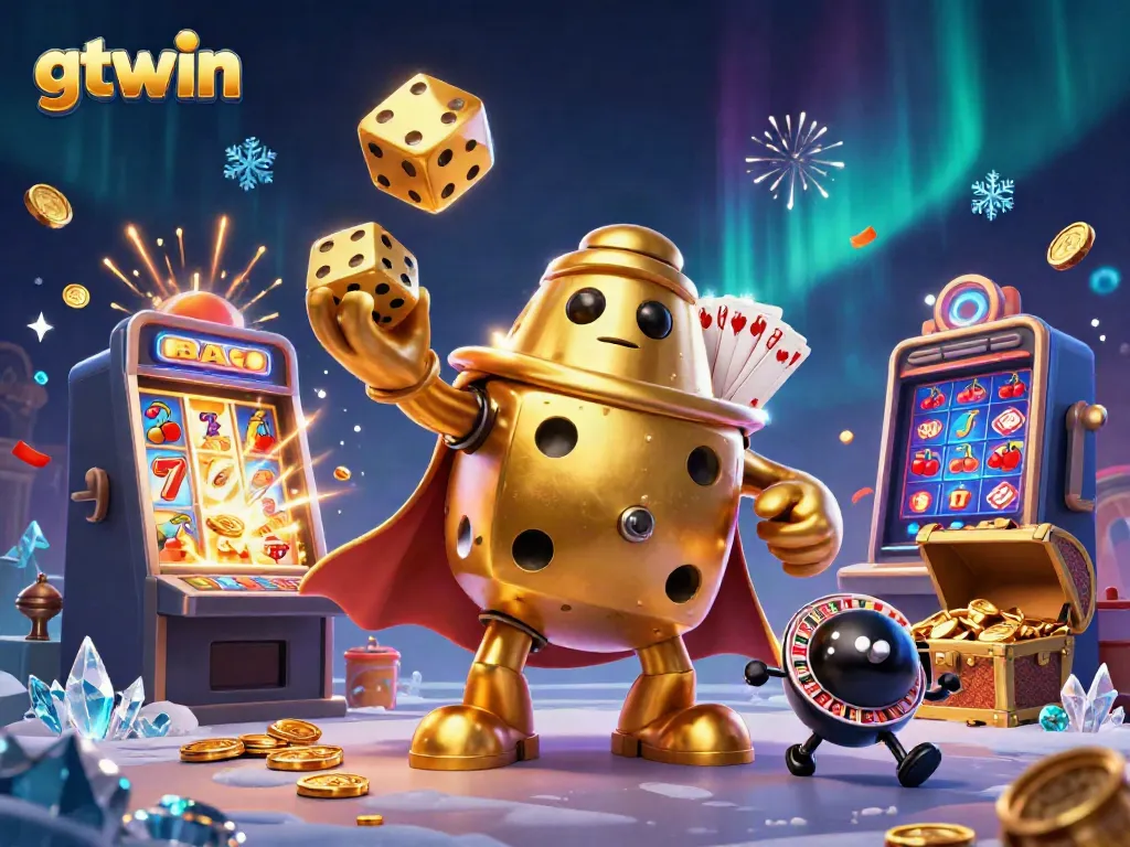 Experience GTWIN's immersive gaming with a unique illustration of vibrant casino themes and golden dice.