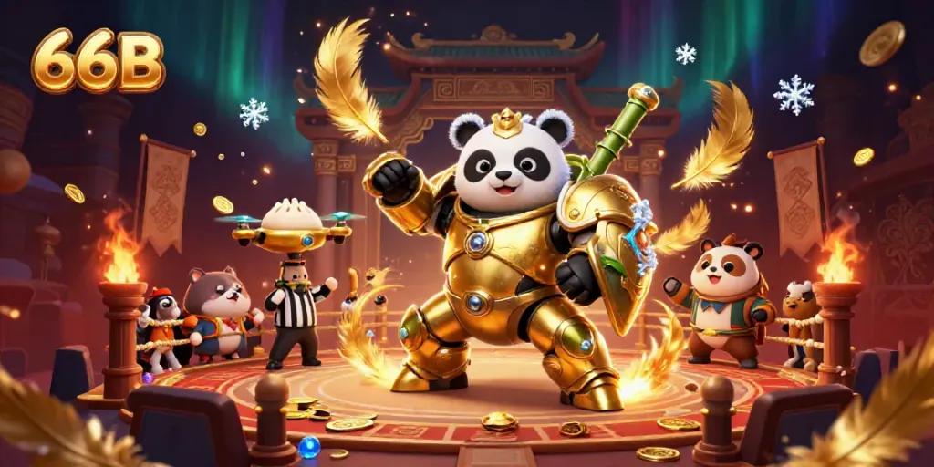 Engage in thrilling gameplay with the 66 B mech-suit panda in a vibrant casino arena.