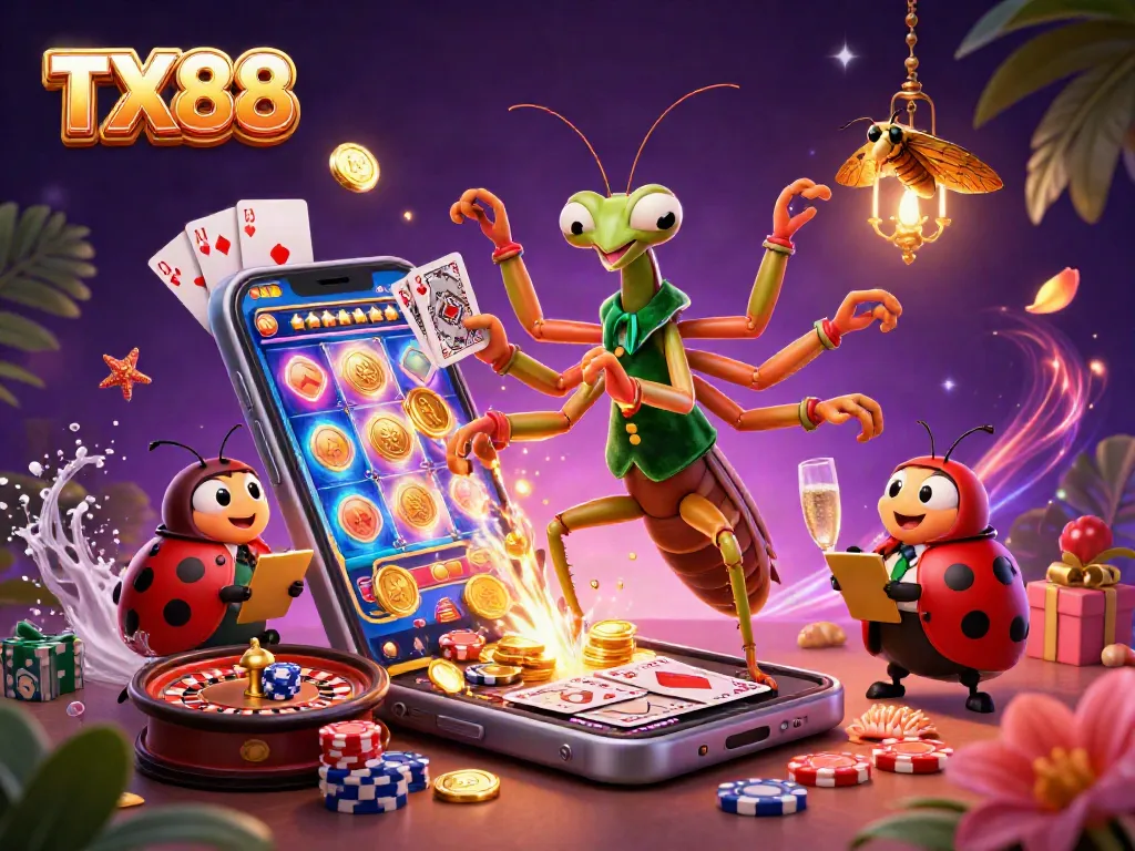 TX88 transforms gambling with a vibrant illustration featuring a multi-armed card sharp.