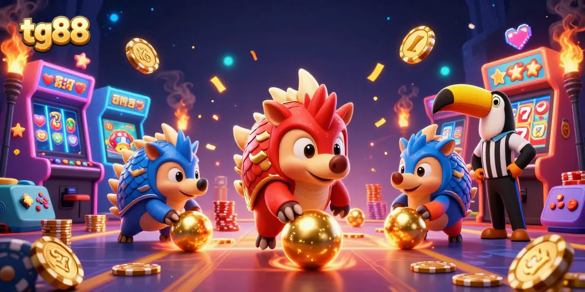 tg88 pangolins compete in a vibrant casino scene, rolling golden balls and stacking poker chips.