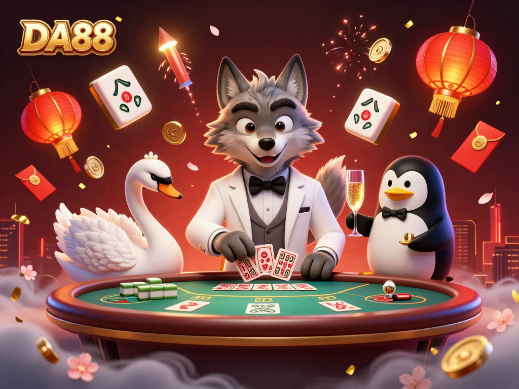 Engage with DA88's vibrant casino scene featuring charming characters at a baccarat table, showcasing the excitement of online gaming.