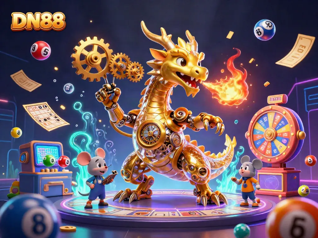 Experience the thrill of gaming at DN88 with an energetic 3D illustration of a golden dragon amidst Lottery elements.