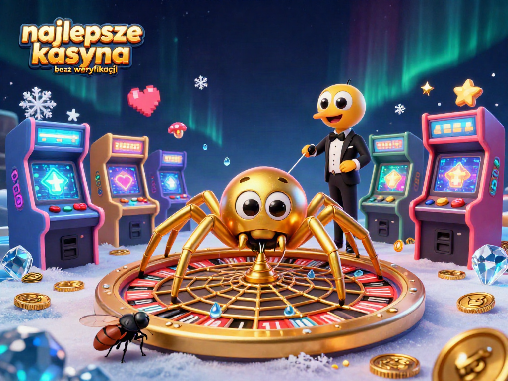 Experience the thrill at najlepsze kasyna bez weryfikacji with a cartoon spider and croupier in a dynamic casino scene.