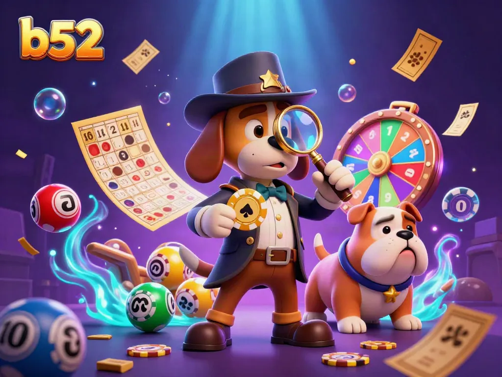 Investigate the b52 treasures with our detective bloodhound and Watson in an engaging casino scene.