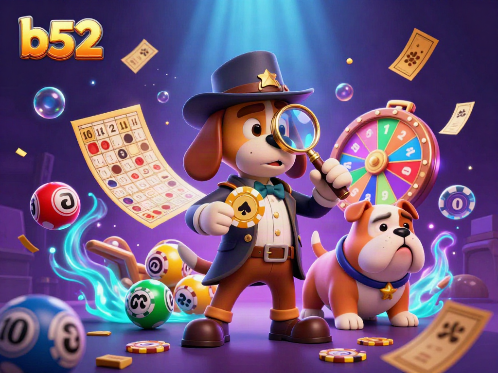 Investigate the b52 treasures with our detective bloodhound and Watson in an engaging casino scene.