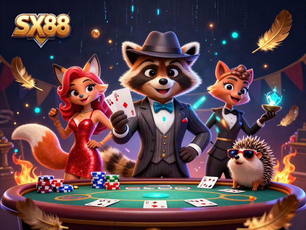 SX88 highlights thrilling poker action with a suave raccoon and friends at a vibrant casino scene.