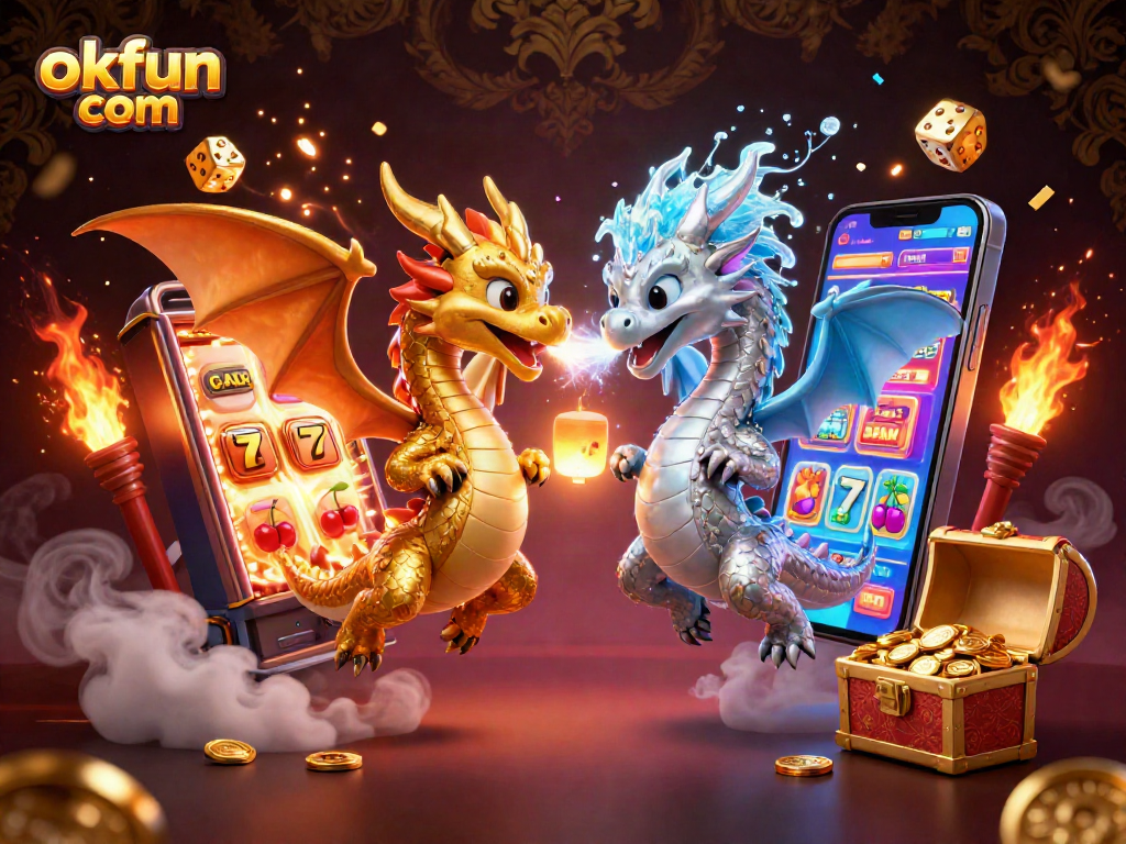 Engage with the thrilling world of okfun com as gold and silver dragons battle, surrounded by dynamic casino elements.