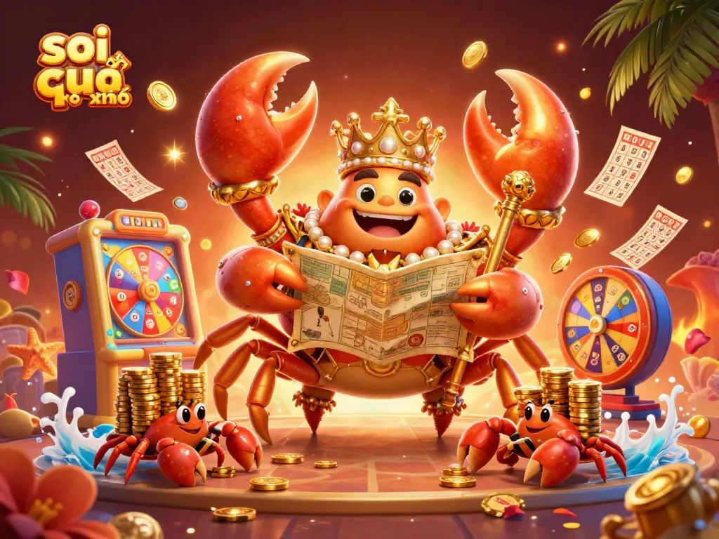 Engage with exciting soi cầu xổ số experiences, featuring an ornate lottery scene with a golden crab emperor.