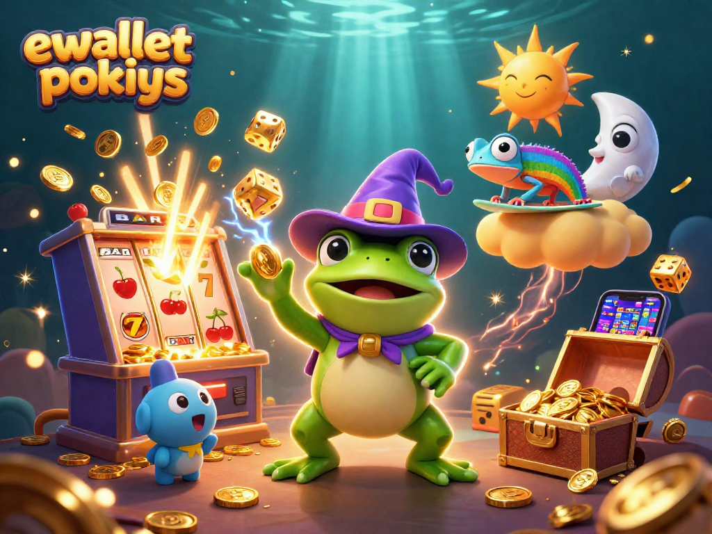 Engage in ewallet pokies with a vibrant 3D scene of dynamic characters and casino elements.